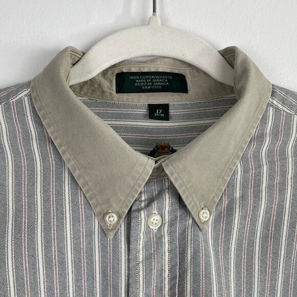 Vintage 90s Mens Striped Button Up Shirt 17 Green Tan Contrast Collar Retro Prep - Picture 10 of 16